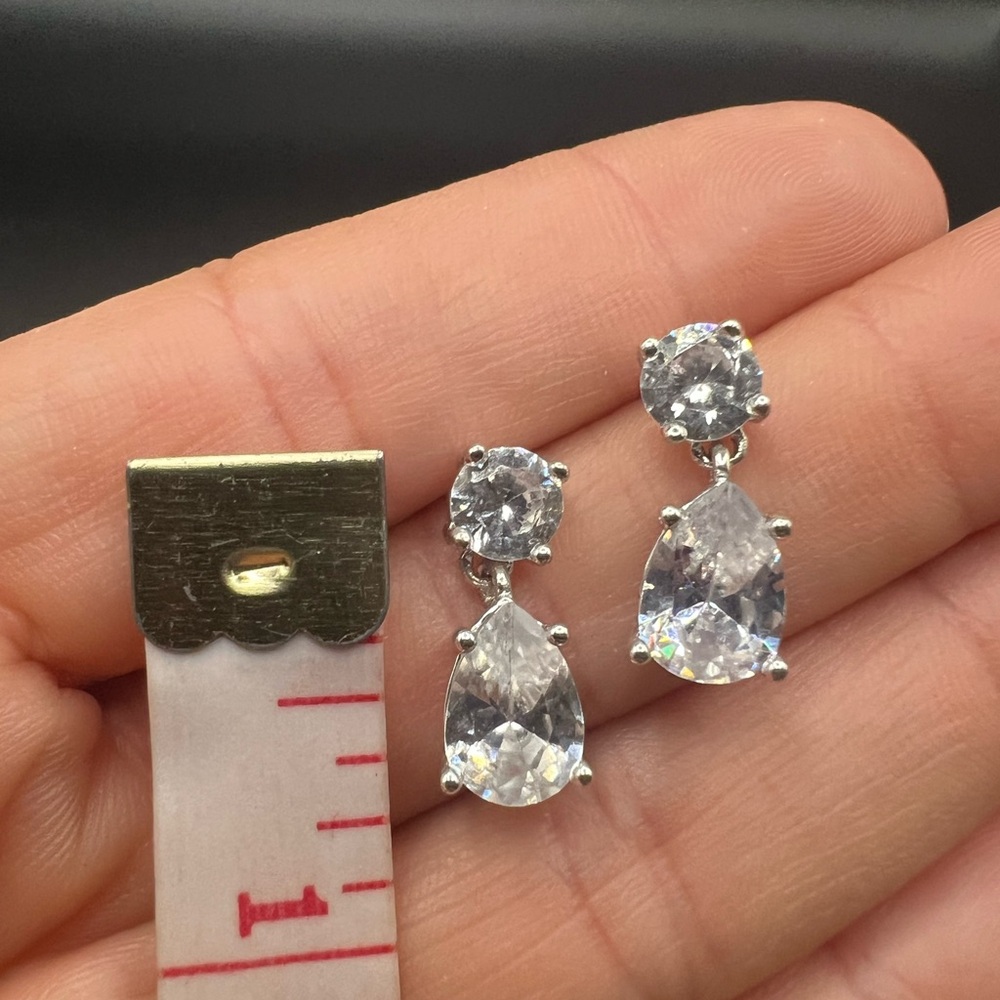 Elegant Two Stone Silver Tone Drop Earrings - Picture 3 of 4